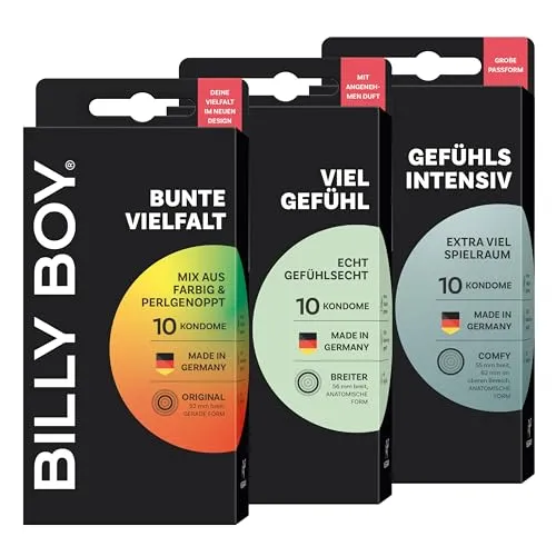 BILLY BOY Kondome Ausprobier-Set mit 3 Artikeln | Bunte Vielfalt - Farbig und Perlgenoppt, Viel Gefühl - Gefühlsecht mit angenehmen Duft, Gefühlsintensiv - mit mehr Freiraum | 3 x 10 Stück