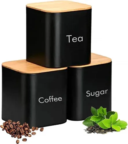 Tuzsocr 3-teiliges Küchendosen-Set Edelstahl Bambusdeckel Schwarz