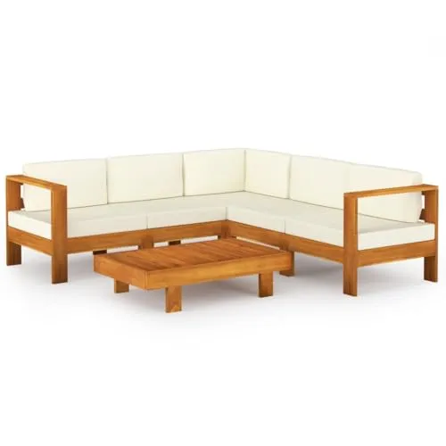 vidaXL 6-tlg. Garten-Lounge-Set mit Creme Auflagen aus Akazienholz - Gartenmöbel-Set für entspannte Stunden im Freien, gefertigt aus robustem Akazienholz mit dick gepolsterten Kissen für maximalen Komfort.