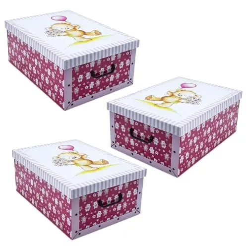Spetebo 3er Set Aufbewahrungsbox mit Deckel 51 x 37 cm - Pink Teddy - Stapelbox aus Pappe mit Griffen 45 Liter - Organizer Storage Box Allzweck Spielzeug Kiste Geschenk Karton stapelbar