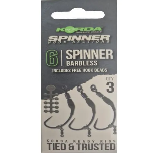 Korda Fertig gebundene Spinnerhaken-Abschnitte – 6 ohne Widerhaken – vorgebundene Karpfenangeln mit Spinnhaken, Mikro-Wirbel und Hakenperlen – ideal zum Karpfenangeln mit Galgen oder beschichtetem