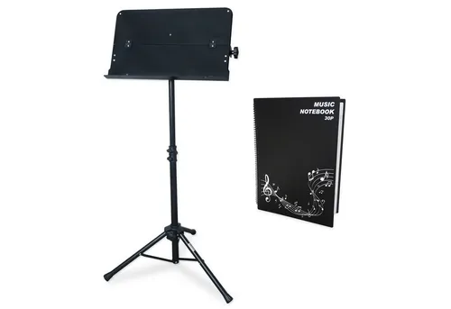keepdrum Notenpult MUS021 klappbar mit Notenmappe - Notenständer mit klappbarem Design, höhenverstellbar von 85-134cm und stabiler Stahlkonstruktion. Inklusive keepdrum Notenmappe DIN A3 für einfachen Transport und Organisation.