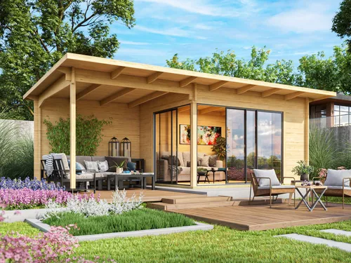 Fjordholz Gartenhaus Modell Starla 70 D Premium - Hochwertiges Gartenhaus Modell Starla 70 D Premium mit 70 mm starken Wandbohlen aus nordischer Fichte. Robuste Alu-Schiebetüren und extra starke Dachkonstruktion für optimale Stabilität. Individuelle Anpassungen möglich.