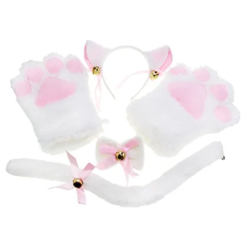 KEESIN Katze Cosplay Set, Katzenkostüm, Katzenpfoten-Handschuhe, Katzenohren, Katzenschwanz, Kiner, Damen für Karneval (Weiß)