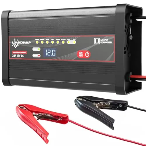 Loadchamp LiFePO4 Ladegerät 12V 20A - Solarenergie-Zubehör mit 8-stufigem Ladesystem für effizientes und sicheres Laden von LiFePO4-Batterien, ideal für Wohnmobile und Boote.