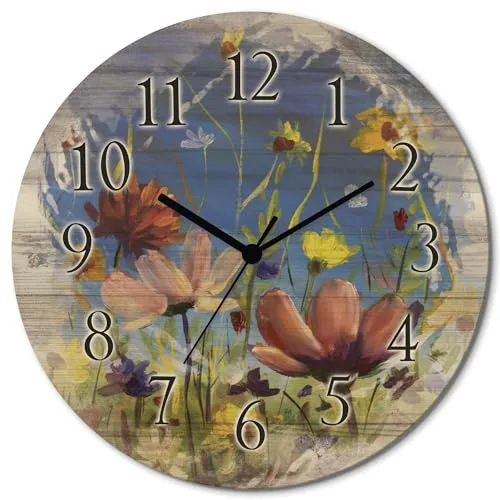 ARTLAND Lautlose Wanduhr aus Holz – Funkuhr mit Wildblumenwiese Design Ø 30 cm - Wohnaccessoires: Unsere geräuschlose Funkuhr aus 6mm Naturholz bringt mit ihrem Wildblumenmuster eine frische Note in jedes Zimmer und eignet sich perfekt für Schlafzimmer und Wohnzimmer.