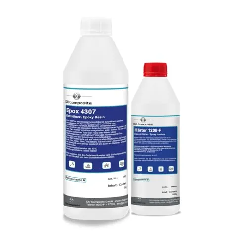 DD Composite Epoxidharz 1kg Epox 4307 + 500g Härter 1208-F - Epoxidharz für Beschichtungen und Klebearbeiten, ideal für Glas- und Kohlenstofffasern. Hervorragende Haftung und Chemikalienbeständigkeit, perfekt für präzise Anwendungen.