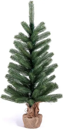 Künstlicher Tannenbaum in Nordmanntannen-Optik 90 cm - Künstlicher Weihnachtsbaum mit naturgetreuen PE-Nadeln, ideal als Tischbaum. Verfügbar mit oder ohne batteriebetriebene Lichterkette, stilvoll im Jutesack verpackt.