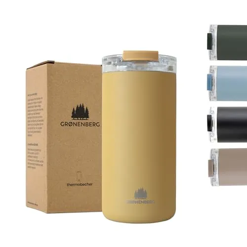 Groenenberg Thermobecher 473 ml | Kaffeebecher to go 100% Auslaufsicher | Hält mind. 4 h warm | Coffee to go Becher aus recyceltem Edelstahl (Mustard)