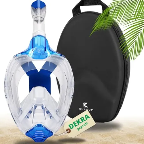 Khroom Schnorchelmaske für Erwachsene & Kinder | DEKRA geprüfte CO2 Sicherheit | Vollmaske Seaview X – Tauchmaske Taucherbrille mit Schnorchel | Schnorchelset Alternative (L-XL, Hellblau+Soft-Case)