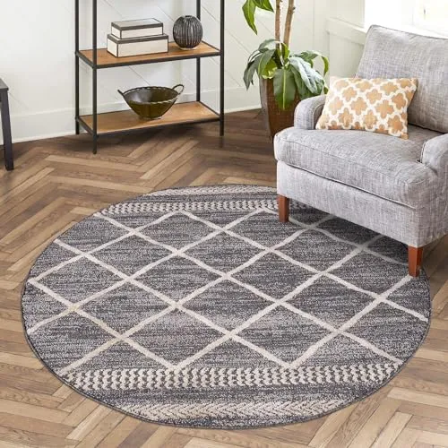 carpet city Teppich Ethno Wohnzimmer Grau - 120x120 cm Rund - Boho-Teppich mit Raute-Berber-Muster, kurzflor und besonders soft&weich – ideal für stilvolle Wohnzimmer und Schlafzimmer.