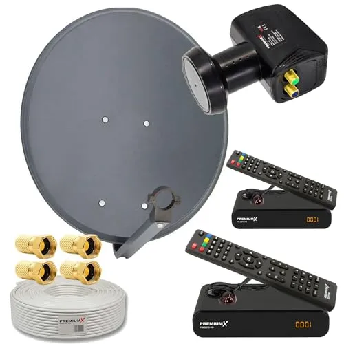 PremiumX Satelliten-Komplettanlage 60cm für 2 Teilnehmer - SAT-Antennen mit 60 cm Antenne, wasserdichtem LNB und 2 FullHD Receivern für optimalen TV-Empfang bei jedem Wetter.