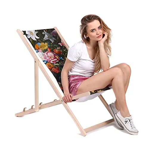 DreamRoots Liegestuhl Klappbar Holz aus Buchenholz, bis 130 kg belastbar, 3-Fach verstellbare Rückenlehne, waschbarer Polyesterbezug