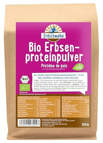 Erdschwalbe Bio Erbsenprotein - Veganes Eiweißpulver 1 Kg - Pflanzliches Eiweißpulver aus 100% Bio Erbsen, vegan und laktosefrei. Ideal für Shakes, Smoothies oder Backen. Hoher Proteingehalt für eine gesunde Ernährung.