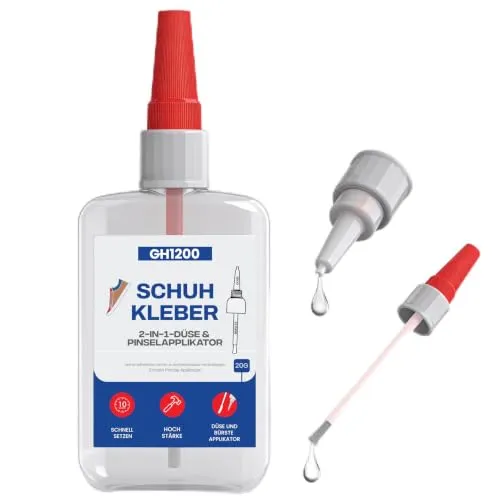GH1200 (2-in-1 Schuhkleber Extra stark wasserfest mit Pinselapplikator und Düse, Lederkleber mit feinen Pinselborsten, repariert Stiefel, High Heels und mehr, hält extremen Bedingungen stand