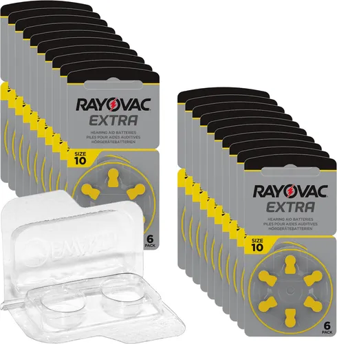 Rayovac Extra Advanced Hörgerätebatterien PR70 gelb 10  + Box für 2 Zellen 120