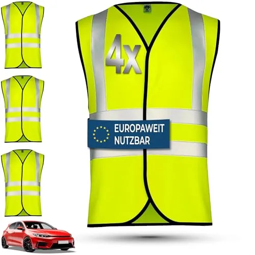 OMKA Warnwesten 4er Set Auto – Sicherheitswesten Herren & Damen nach EN ISO 20471:2026 – Reflektierende Warnwesten 360° Sichtbarkeit – Europaweit gültige Pannenwesten für PKW, KFZ & Reisen, L