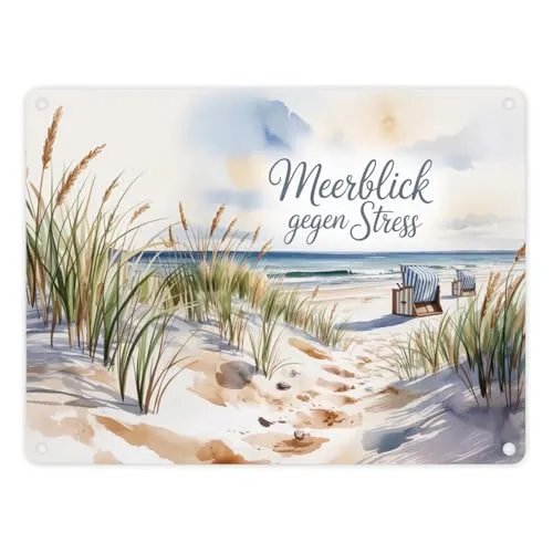 Ostsee Strandkorb Metallschild in 15x20 cm - Meerblick gegen Stress Lustiges Blechschild für Strandkorb-Fans