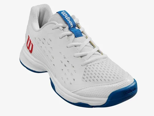 Wilson Rush Pro L Allcourt 2024 - Weiße/Blaue Tennisschuhe für Kinder - Tennisschuhe für Kinder mit atmungsaktivem Design, ideal für warmes Wetter. Die EVA-Zwischensohle sorgt für optimale Dämpfung und die strapazierfähige Laufsohle bietet hervorragende Traktion.