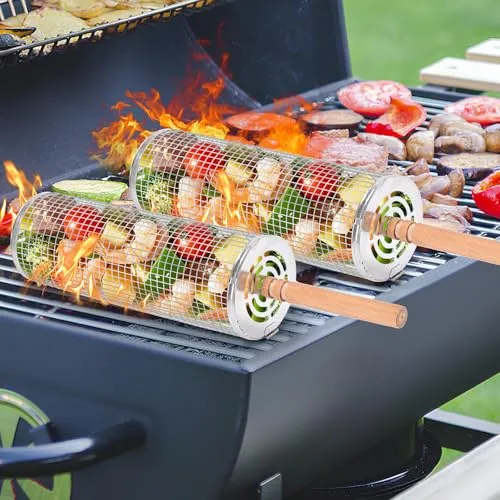 2er-Pack rollender Grillkorb mit Holzgriff, zylindrischer Edelstahl-Grillkorb, Outdoor-Camping-Picknick-Grillzubehör, grill zubehör für männer, grill zubehör für gasgrill, grill zubehör