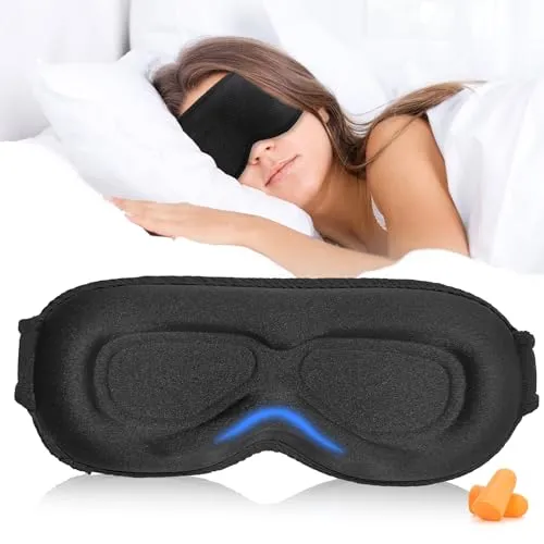 Grsta Schlafmaske für Seitenschläfer, mit Tiefen Augenhöhlen und Erhöhten Nasenpads, 100% Lichtblockierende Schlafbrille, Augenklappe für Herren und Frauen, inklusive Zwei Ohrstöpsel, Schwarze