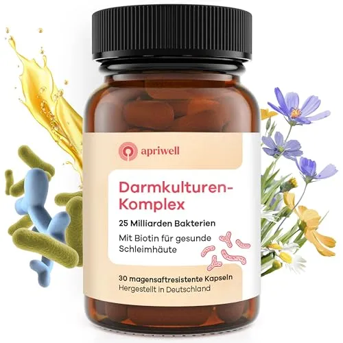 Apriwell Darmkulturen-Komplex - Fructosefrei, 30 vegane Kapseln - Probiotika Lactobacillus: Hochdosierte Kombination mit 25 Milliarden lebenden Kulturen und Biotin für eine gesunde Darmschleimhaut, ideal auch bei Fructoseintoleranz.