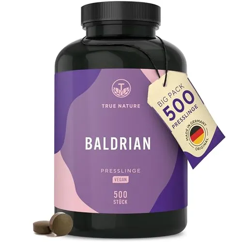 Baldrian Presslinge - 500mg Baldrianwurzel hochdosiert - 1000mg pro Tagesdosis (Valeriana officinalis) - 8 Monate Vorrat - Vegan, ohne künstliche Zusätze - Deutsche Produktion - TRUE NATURE