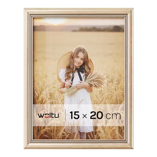 WOLTU Bilderrahmen 15x20, Fotorahmen aus Massivholz und PS-Platte, Holzrahmen mit Passepartout, zum vertikalen oder horizontalen Aufhängen/Aufstellen, Posterrahmen Collage Wanddeko, Gold