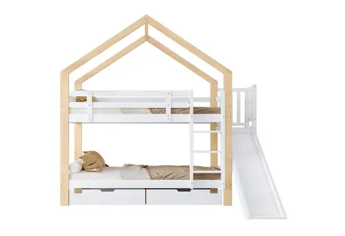 REDOM Etagenbett Holzbett Hausbett Kinderbett 90x200 cm mit Rutsche - Fantasievolles Haus Etagenbett mit Rutsche – Kreativer Schlaf- und Spielraum für Kinder. Mit sicherer Absturzsicherung, praktischen Schubladen und einfacher Montage ist es die perfekte Lösung für jedes Kinderzimmer.