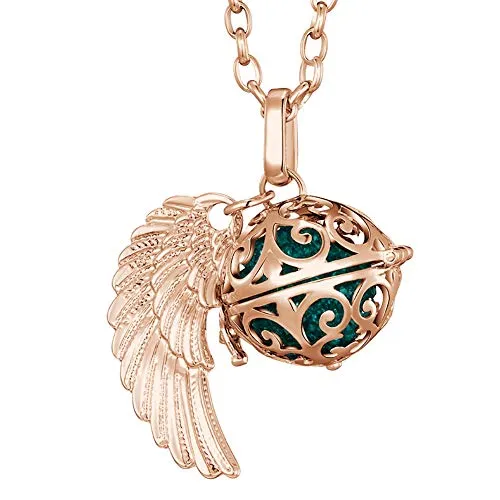 Morella Halskette Damen roségold Edelstahl 70 cm mit roségoldenem Anhänger Engelsflügel und Klangkugel Zirkonia dunkelgrün Ø 16 mm in Schmuckbeutel