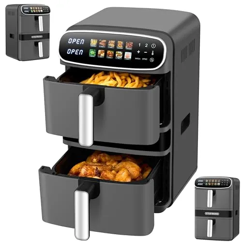 Steinborg® Heißluftfritteuse XXL 12 Liter Doppelkammer Heißluft-Frittieren Heissluftfritteuse 2 vertikale Schubladen 6L+6L Grillen Backen Dörren Frittieren Fritteuse ohne Öl Heißluftofen