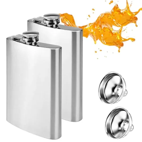 Exbrith 2 Stück Tragbarer Flachmann mit Trichter, Edelstahl, Silber, Unbehandelt, Für Klettern, Camping, Grillen, Bar, Party