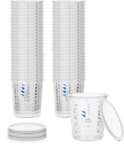 BenBow Profi-Messbecher 50x 1370ml mit 6x Deckel - Mischbecher mit vielfältiger Skalierung für Harz, Epoxidharz & Lack – Becher mit Skala Lackmischbecher Meßbecher Lackbecher Einwegmischbecher