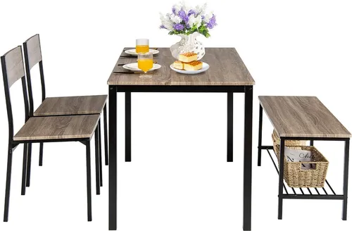 COSTWAY 4-teiliges Esstisch Set mit Stühlen und Bank - Modernes Esstisch Set für 4 Personen mit platzsparendem Design. Ergonomische Sitzflächen und robuste Bauweise aus MDF und Metall bieten Komfort und Langlebigkeit für gesellige Zusammenkünfte.