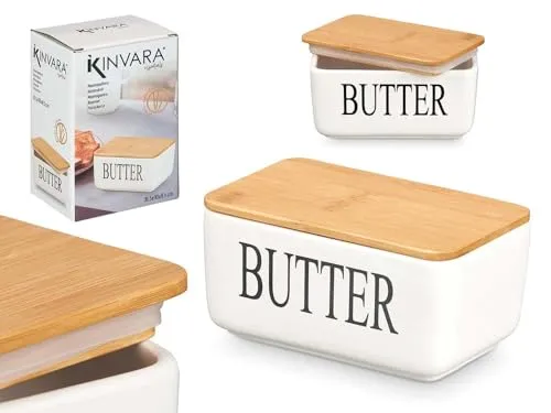 Butterdose aus Keramik mit Bambusdeckel - Weiß, Modernes Design