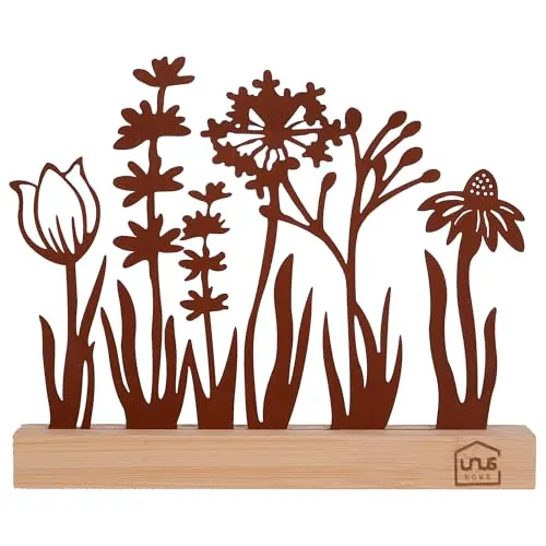 UNUS Aufsteller Silhouette Dekorative Blumenwiese Metall mit Bambusholzsockel, Ideal für Fensterbank, Küche oder Wohnzimmer Rost