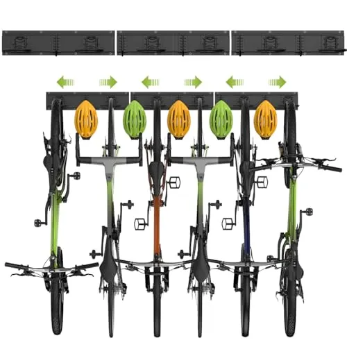 Housolution Fahrrad Wandhalterung für 6 Fahrräder und 5 Helme - Fahrradhalter- & -ständer, platzsparend und hochbelastbar bis 500 Pfund, ideal für Garagen und Wohnungen, mit Gummi beschichteten Haken zum Schutz Ihrer Fahrräder.