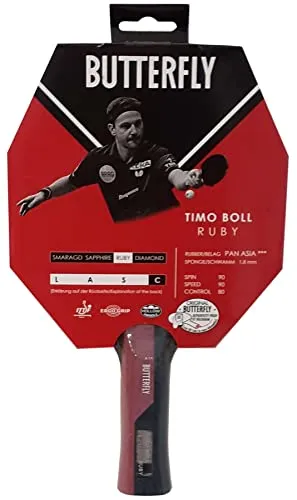 Butterfly Tischtennisschläger Timo Boll Ruby - 1 Schläger - Tischtennisschläger mit Pan Asia Belag und 1,8 mm Schwamm, ideal für anspruchsvolle Spieler. Ergonomischer Griff sorgt für optimalen Halt und Kontrolle.