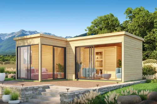 Gartenhaus Holz 44mm DOMEO 11 ISO - Geräumiges Gartenhaus (595 x 500 cm) aus robustem Holz mit 44mm Wandstärke, ideal für die Aufbewahrung von Gartenutensilien und als gemütlicher Rückzugsort.