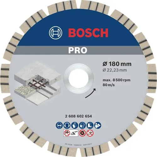 Bosch Trennscheibe PRO Concrete 180mm - Diamant-Trennscheibe für präzises Schneiden von Beton und Stahlbeton, mit reibungsarmen Segmenten für starke Ergebnisse.