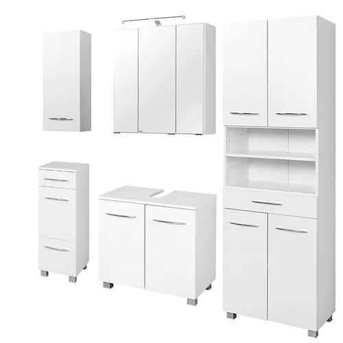 Badezimmermöbel Set in weiß Badmöbel Waschplatz LED Spiegelschrank Hochschrank