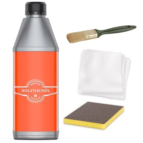 Holztisch Öl 1L Set mit Schleifmatte, Putzvliestuch & Pinsel - Arbeitsplattenöl, Möbelöl, Holzöl biologisch & lösemittelfrei, einfache Anwendung, wasser- & schmutzabweisend - BEKATEQ LS-240