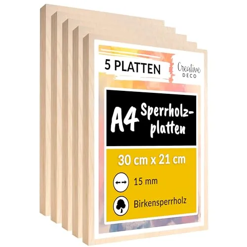 Produktbild Creative Deco 5 x A4 Sperrholzplatte 15mm | Birkensperrholz für kreative Projekte