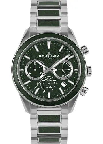 Jacques Lemans 1-2115G Eco Power Herrenuhr 44mm - Solarbetrieb, Wasserdicht 10ATM - Herrenuhr mit 44mm Edelstahlgehäuse, grünem Ziffernblatt und veganem Apfellederarmband. Ideal für Sport und Alltag, wasserdicht bis 10 Bar und nutzt Licht als Energiequelle.