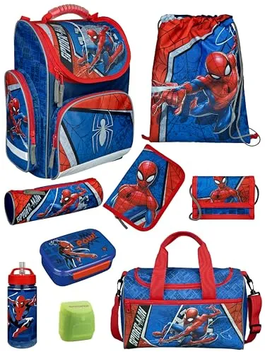 Familando Schulranzen 1. Klasse - Ergonomischer Tornister im Marvel Spiderman Design - Schultaschen-Set (9-teilig) mit leichtem, ergonomischem Ranzen für Jungen und Mädchen, ideal für die Einschulung. Inklusive Sporttasche, Brotdose und Trinkflasche.