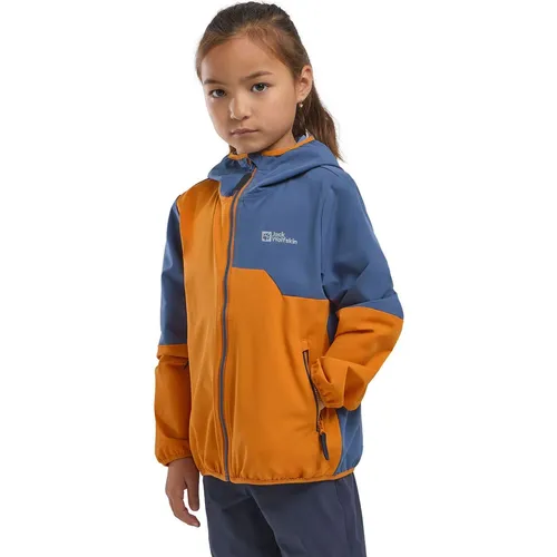 Jack Wolfskin Turbulence Hooded Jacket K soft amber (G0065) 128 - Windjacke für Kinder, wind- und wasserabweisend mit atmungsaktiven TEXASHIELD CORE-Material, ideal für aktive Abenteuer im Freien. Praktische Kapuze und reflektierende Details für mehr Sicherheit.