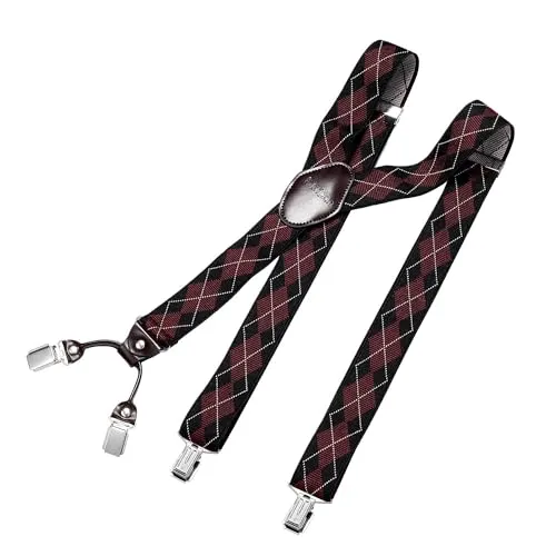 DonDon Hosenträger Herren extra stark kariert schwarz rot 3,5 cm Hosenträger Herren breit mit brauem Leder in Y-Form lang - Starke Clips passend für Anzug Jeans Chinos Vintage Rockabilly Suspenders