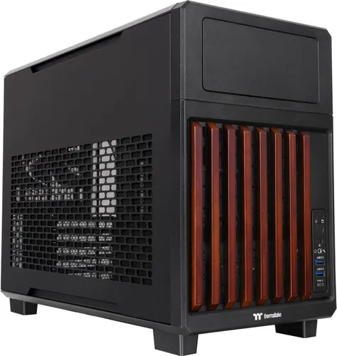 TR200 WS Tower-Gehäuse schwarz/holz - Elegantes Tower-Gehäuse mit Platz für 2x 3,5 Zoll und 2x 2,5 Zoll Festplatten. Ideal für µATX-Systeme und bietet 5 Full-Size-Slots für erweiterte Konnektivität.