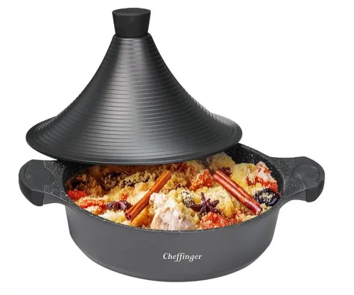 cofi1453 Dampfgartopf Aluguss Tajine Ø32cm mit Silikongriffen - Dampfgartopf aus Aluguss mit 3-schichtiger Marmorbeschichtung, ideal für alle Herdarten, inklusive Induktion. Perfekt für aromatische Eintöpfe und einfach vom Herd auf den Tisch.