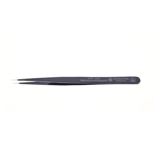 Bernstein Werkzeug SMD-Pinzette gerade lang, schmal, super-spitz mit ESD-Beschichtung, 140 mm, Form SS Edelstahl, Ableitfähig zwischen 10^6 bis 10^9 Ohm | Feinmechaniker Pinzette